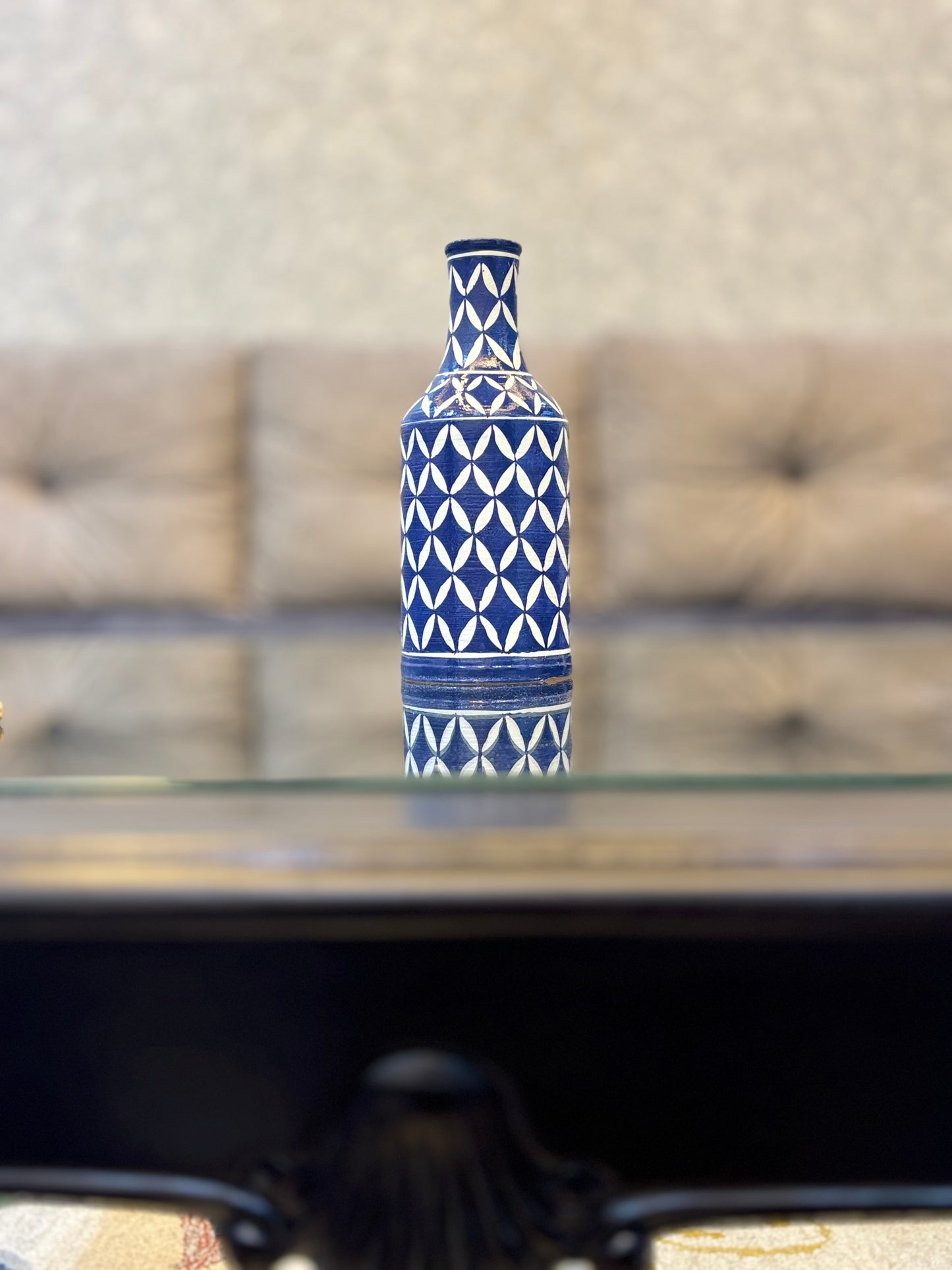 Handcrafted Blue Pottery Decorative Bottle – Geometric Leaf Pattern