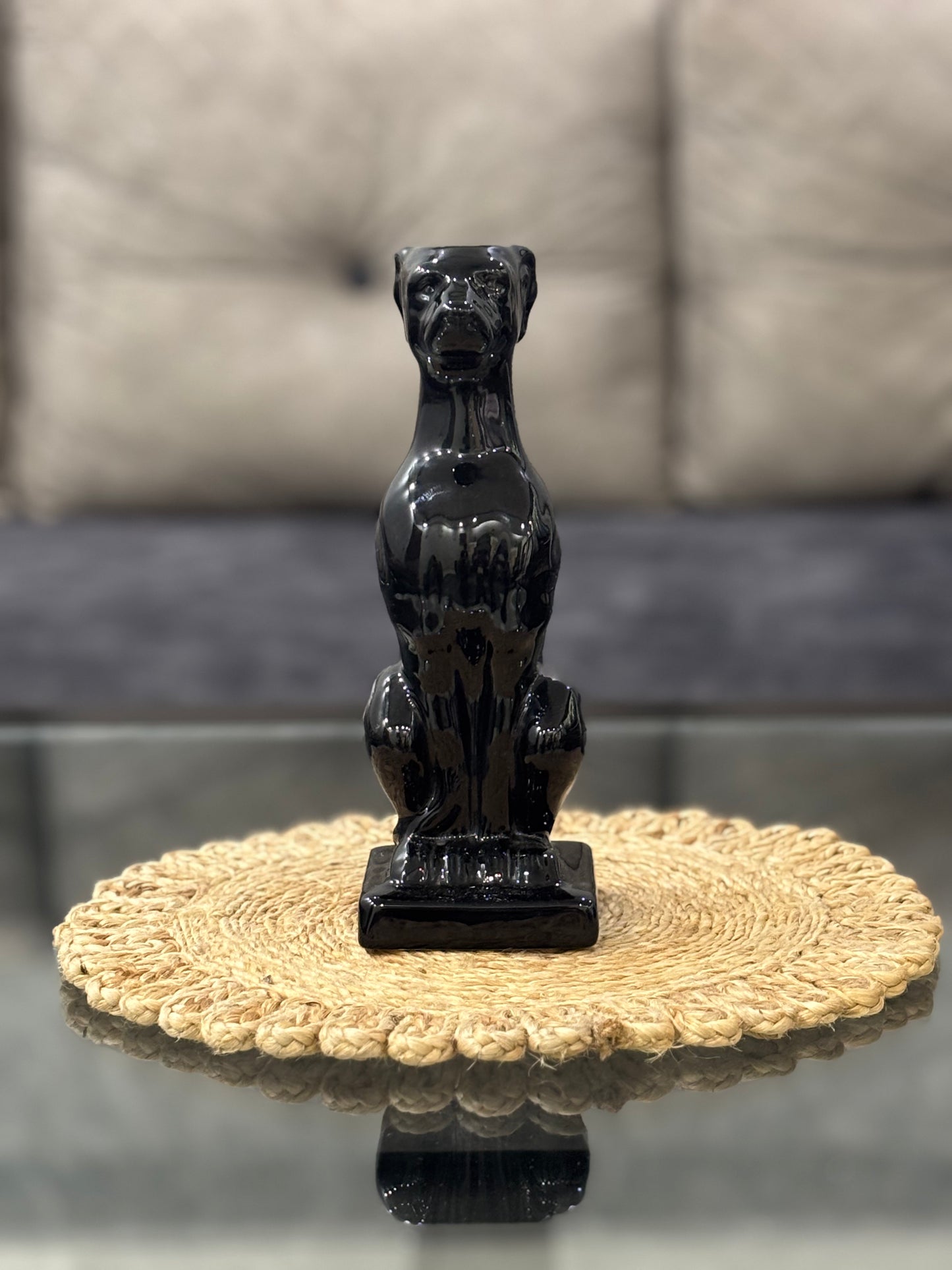 Glazed Black Dog Sculpture Candle Holder