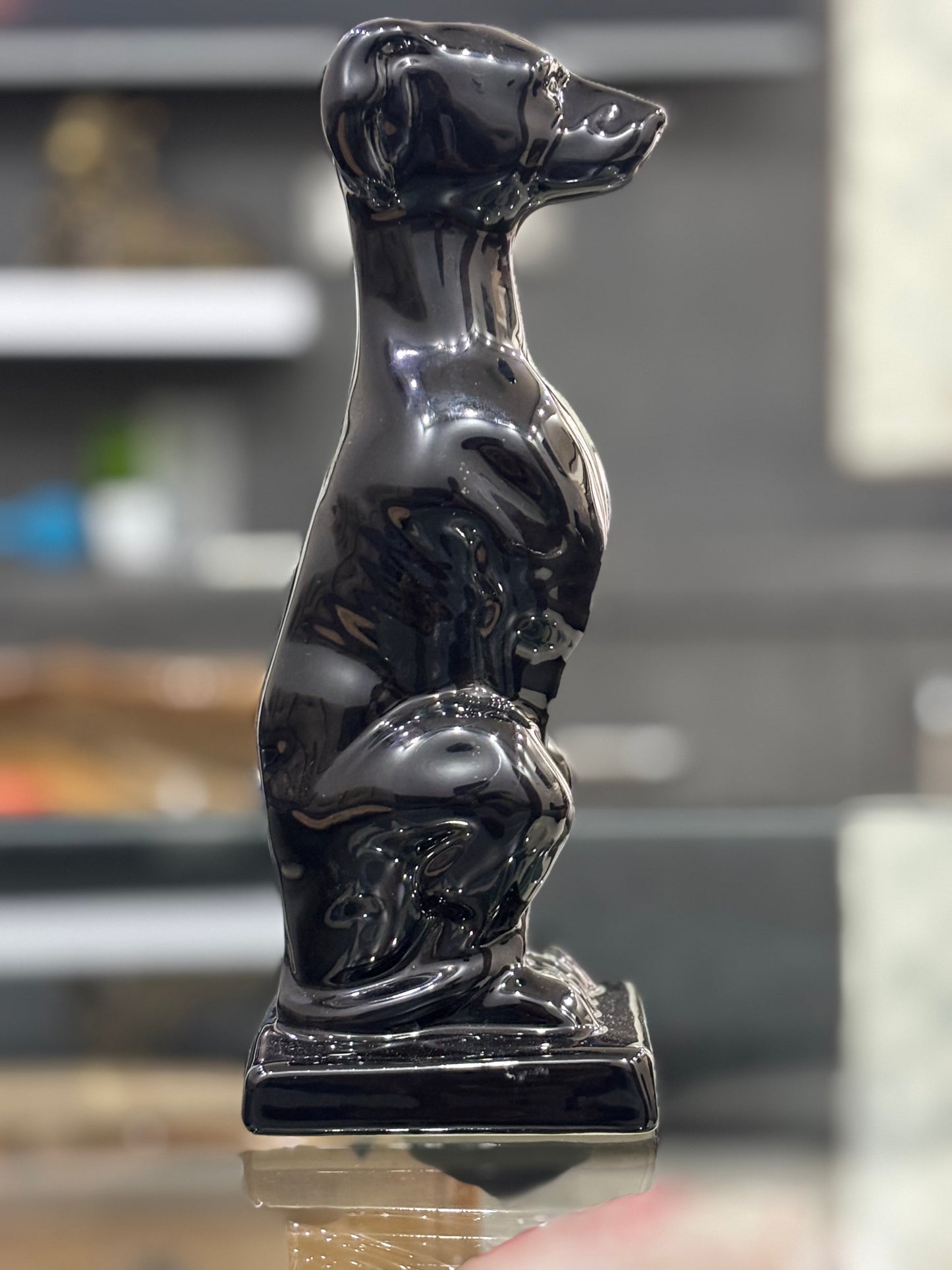 Glazed Black Dog Sculpture Candle Holder