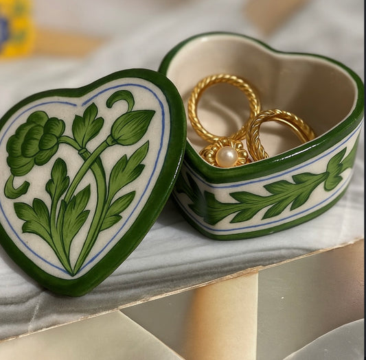 Celestial Bloom – Blue Pottery Heart Jewellery Box