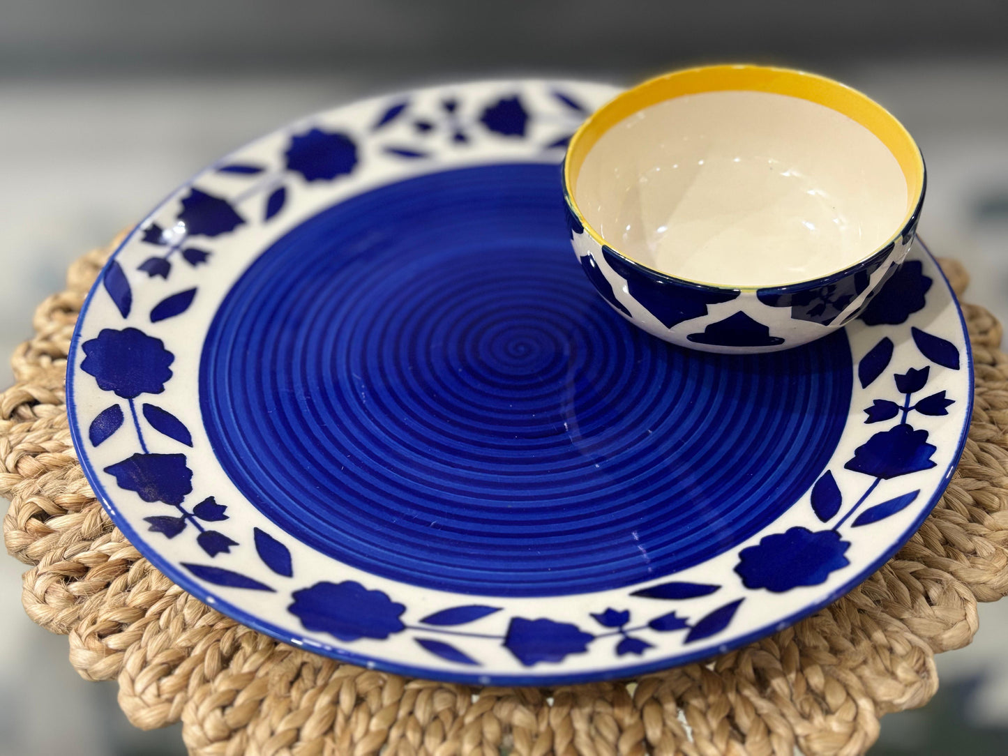 Handcrafted Blue Floral Ceramic Dinnerware Plates & Bowls (Set of 6)