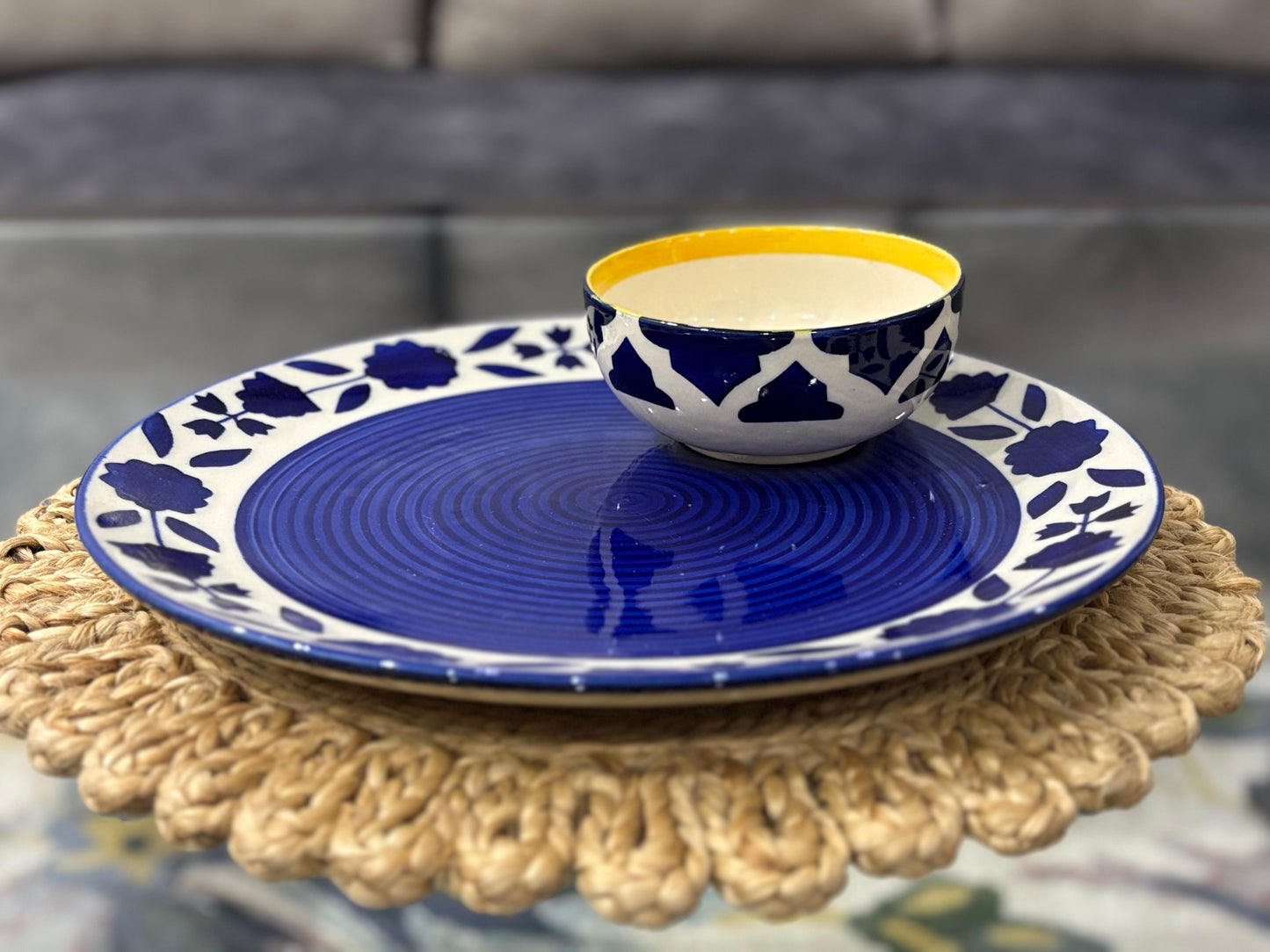 Handcrafted Blue Floral Ceramic Dinnerware Plates & Bowls (Set of 6)