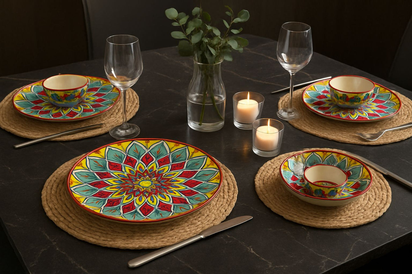 Vibrant Mandala Multicolor Ceramic Dinnerware Set (Set of 2 Plates & Bowls)