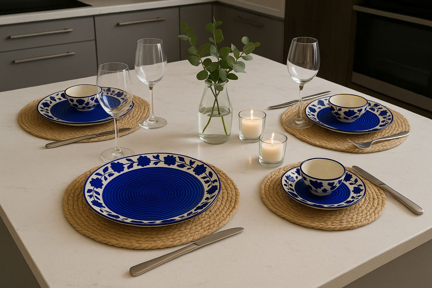 Handcrafted Blue Floral Ceramic Dinnerware Plates & Bowls (Set of 6)