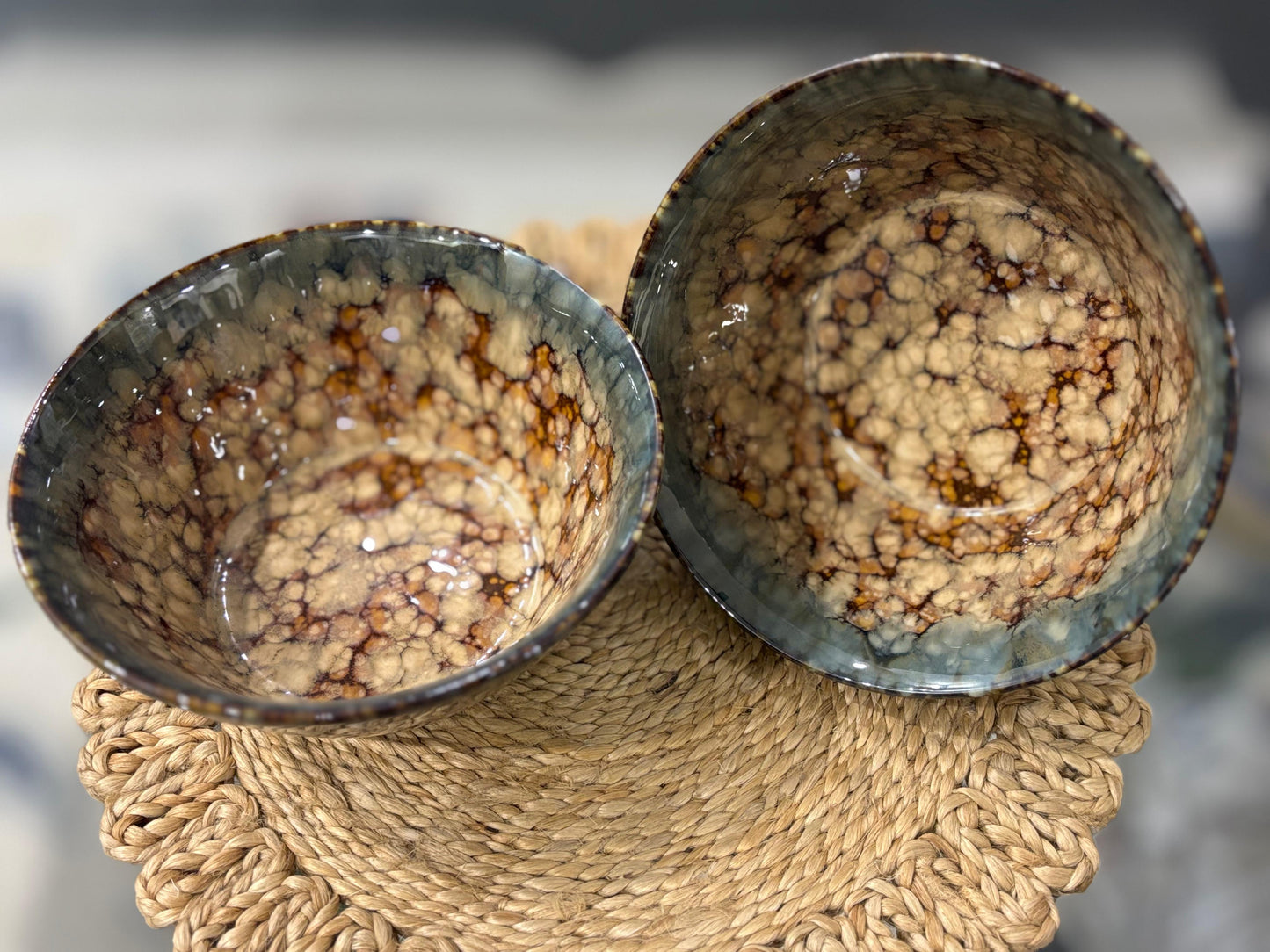 Handcrafted Ceramic Bowl Set – Rustic Marble Glaze (Set of 2)