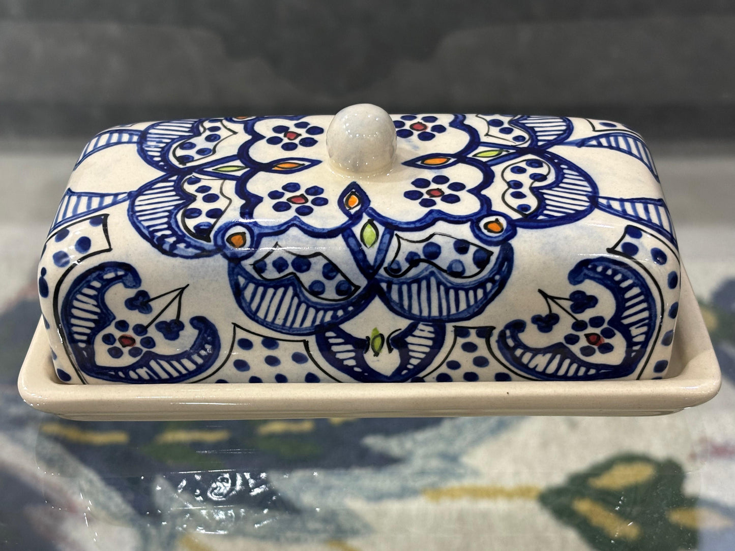 Hand-Painted Blue Pottery Butter Dish with Lid – Floral Design