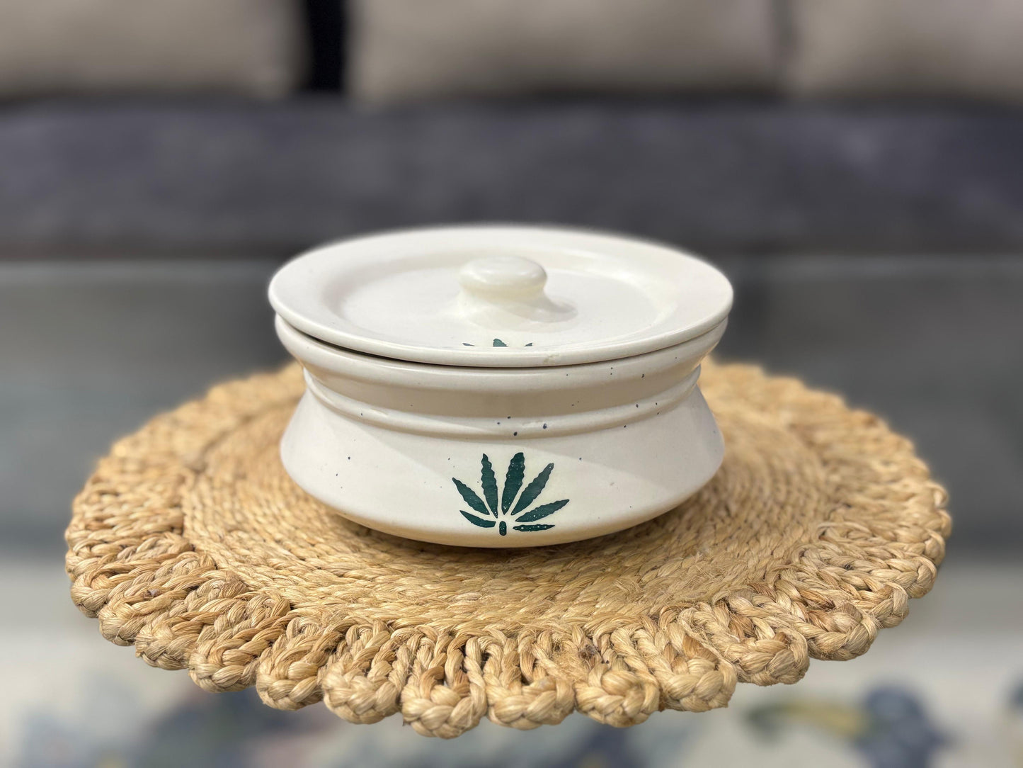 Ceramic Bowl with Lid: Hand-Painted Green Botanical Design