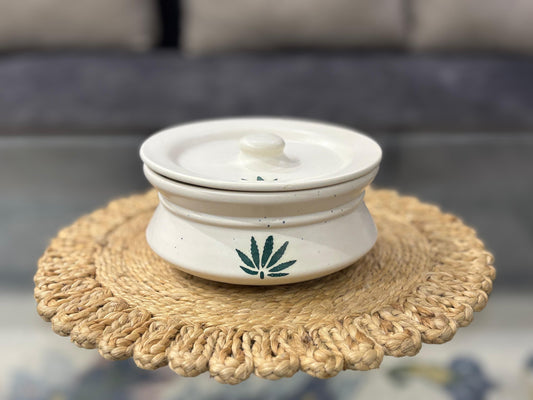 Ceramic Bowl with Lid: Hand-Painted Green Botanical Design