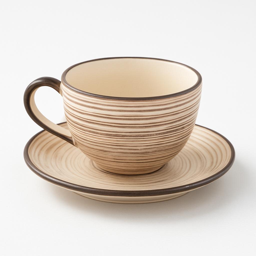 Handcrafted Ceramic Cup and Saucer Set – Natural Woodgrain Design