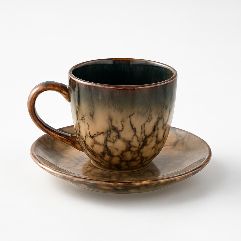 Marble-Effect Ceramic Cup and Saucer Set – Smoky Amber Finish