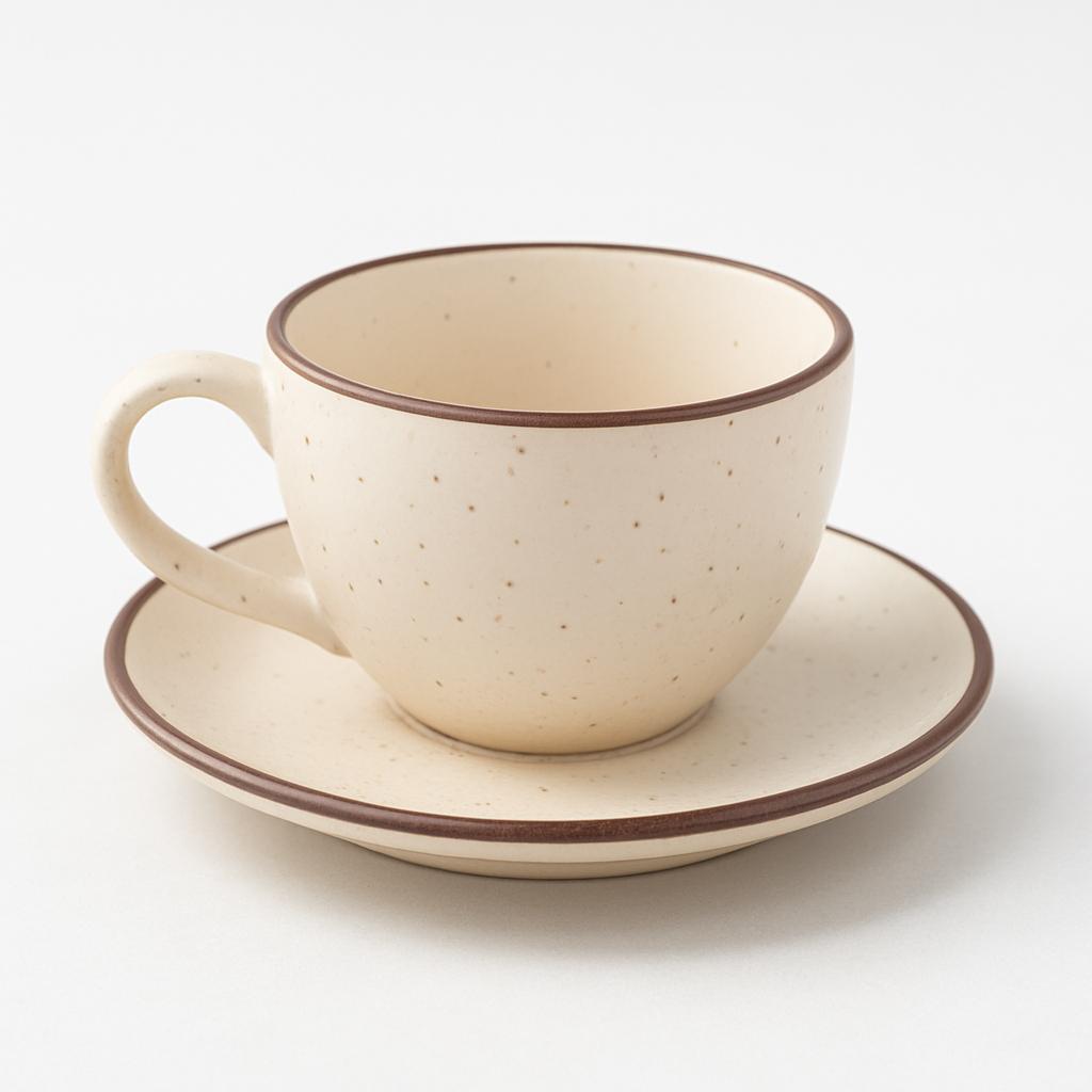 Speckled Ceramic Cup and Saucer Set – Matte Cream with Brown Rim