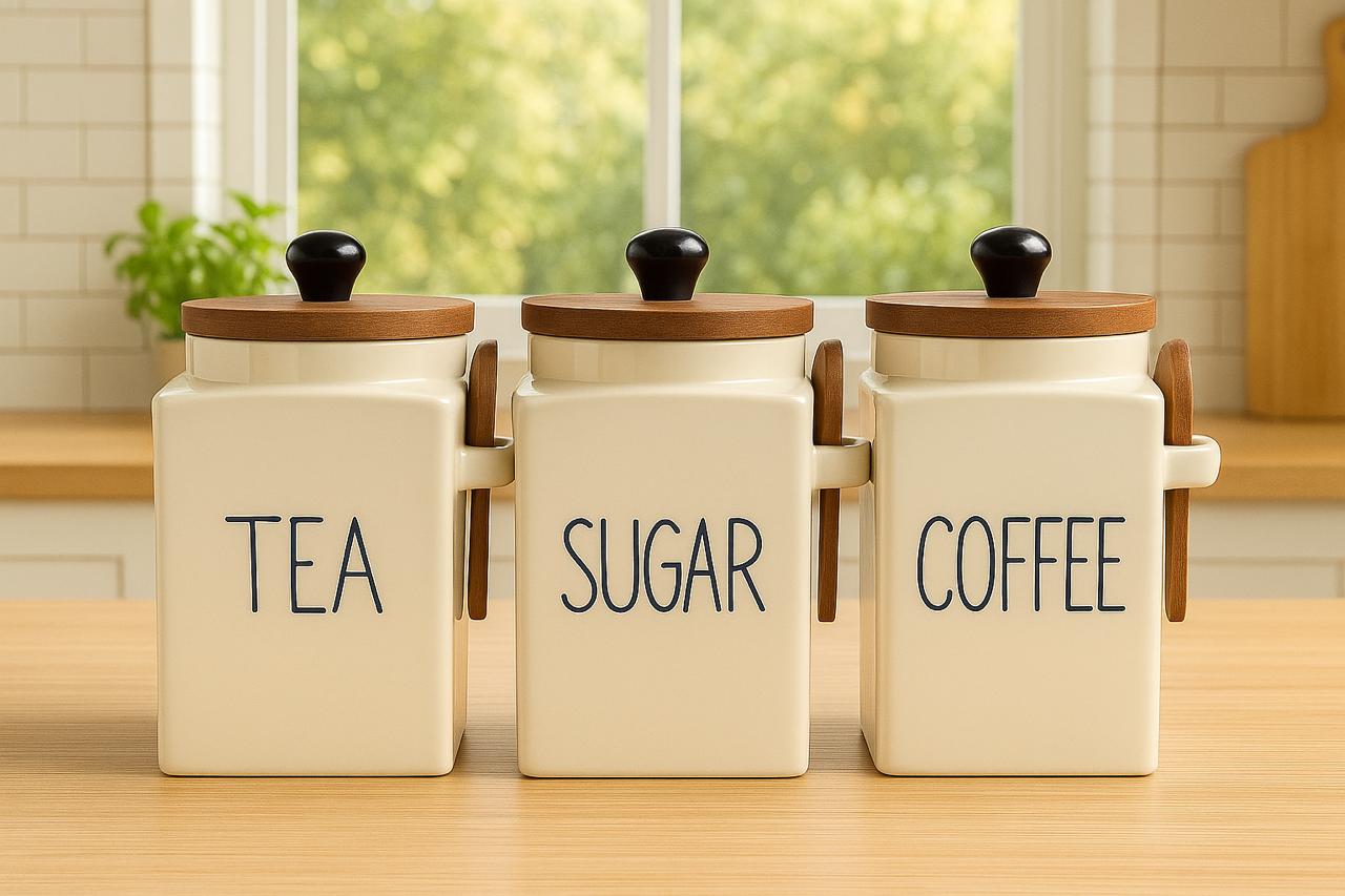 Ceramic Tea, Coffee & Sugar Jar Set – 900ml Airtight Canisters