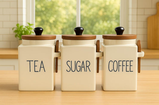 Ceramic Tea, Coffee & Sugar Jar Set – 900ml Airtight Canisters