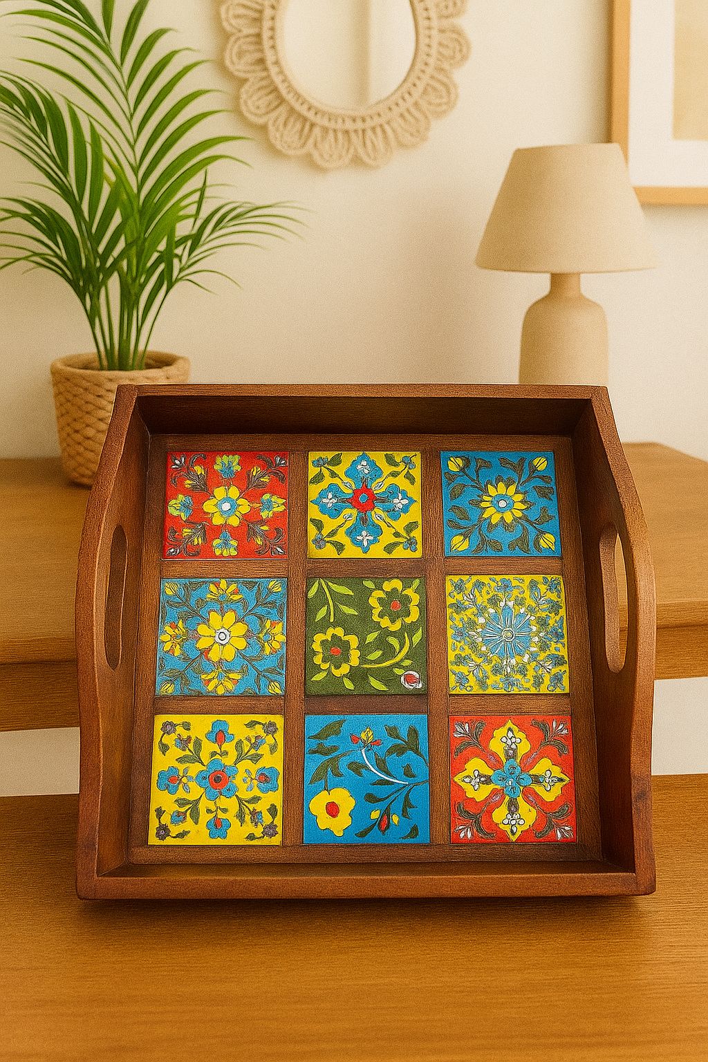 Wooden Tray for Kitchen (6 Tiles, 9 Tiles): Handcrafted Elegance of Blue Pottery