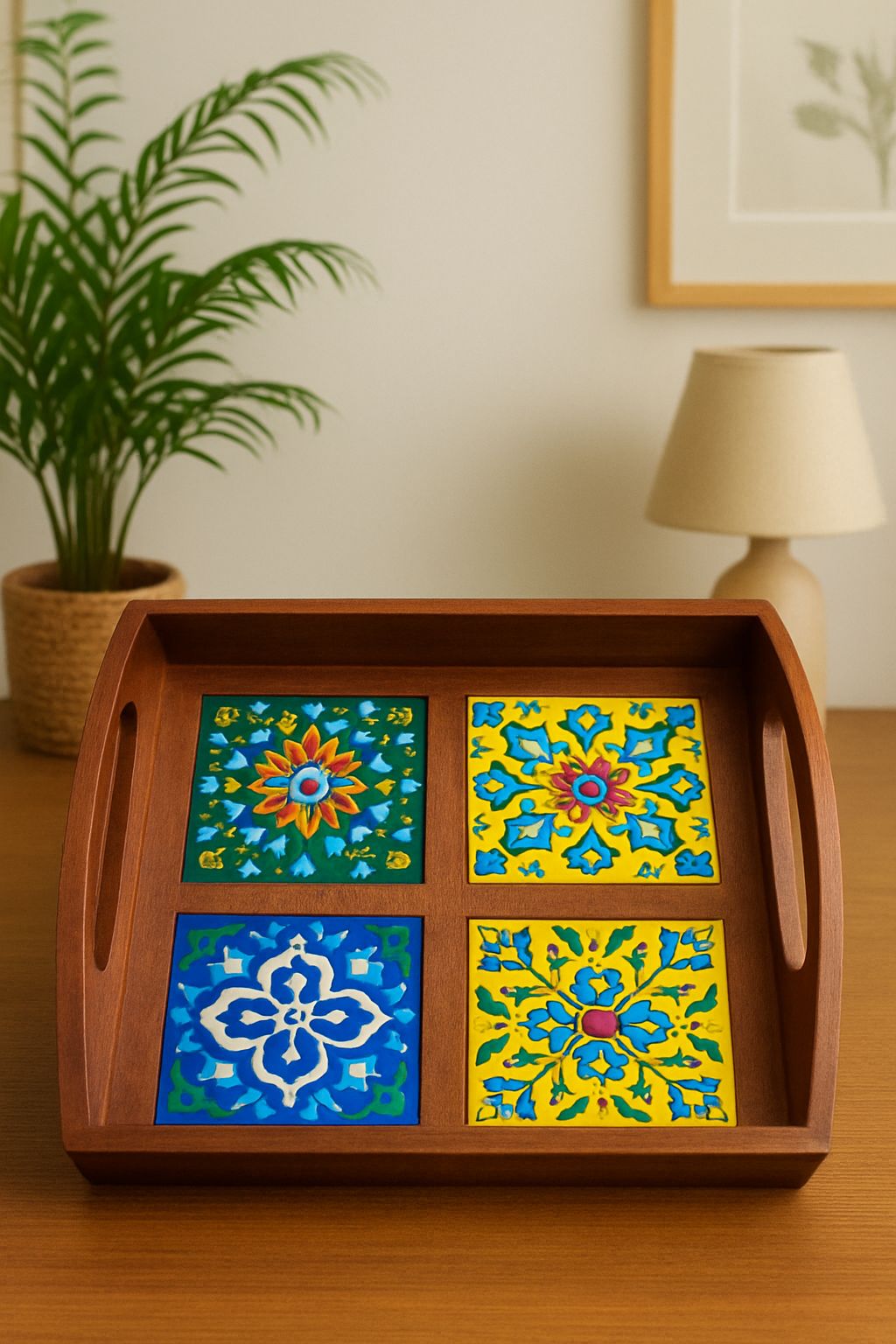 Wooden Tray (2-3-4 Tiles) – Handcrafted Elegance of Blue Pottery