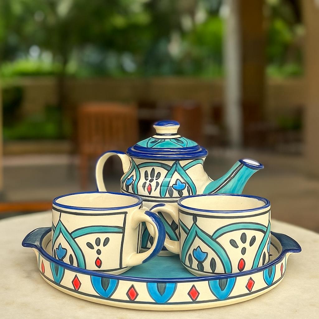 Handcrafted Ceramic Tea Set with Tray (1 Kettle, 2 Cups, 1 Tray) – Blue & Red Geometric Floral Design