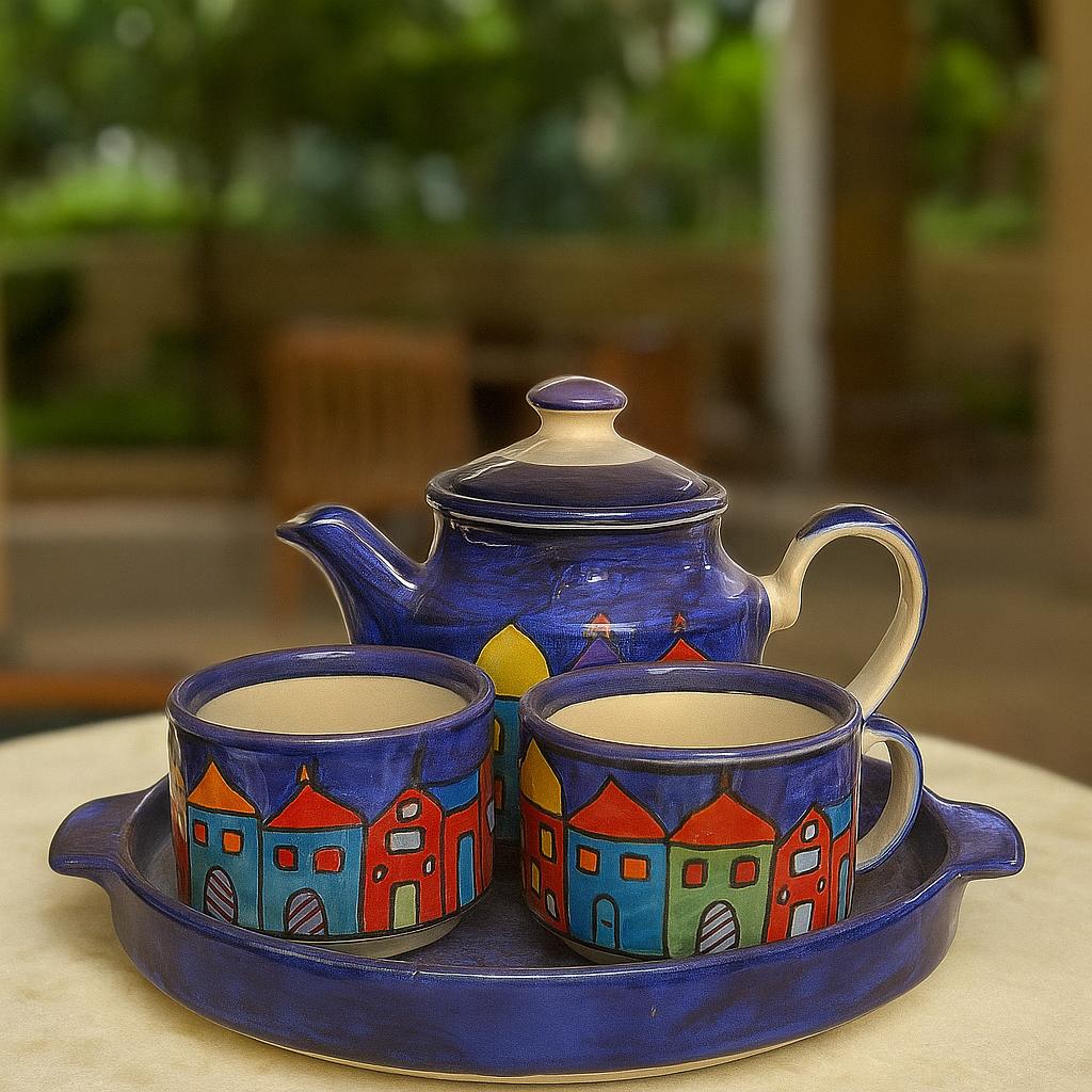 Hand-Painted Blue Ceramic Tea Set with Tray (1 Kettle, 2 Cups, 1 Tray) – Village House Design