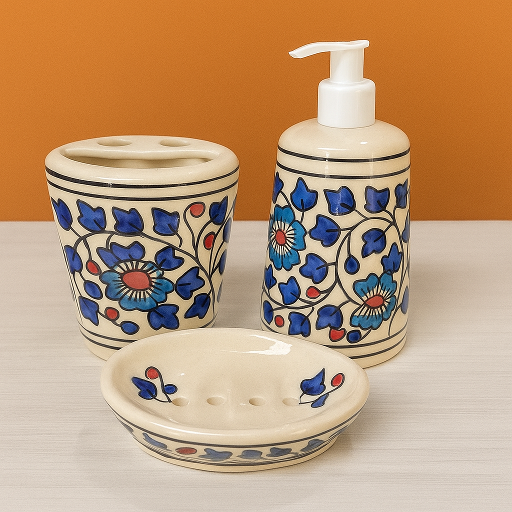 Hand-Painted Ceramic 3-Piece Bathroom Set – Floral Design