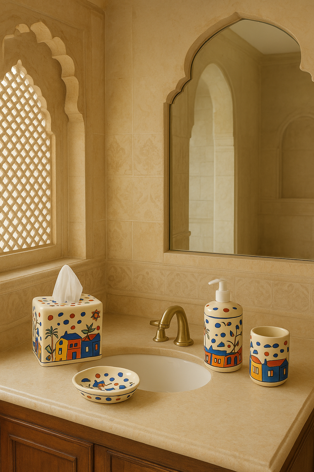 Hand-Painted Ceramic 4-Piece Bathroom Set – Colorful Village Design