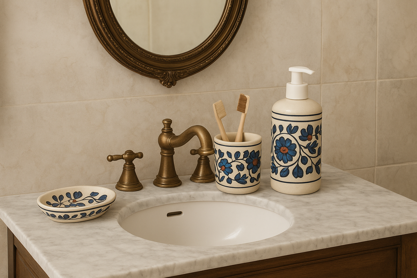 Hand-Painted Ceramic 3-Piece Bathroom Set – Floral Design