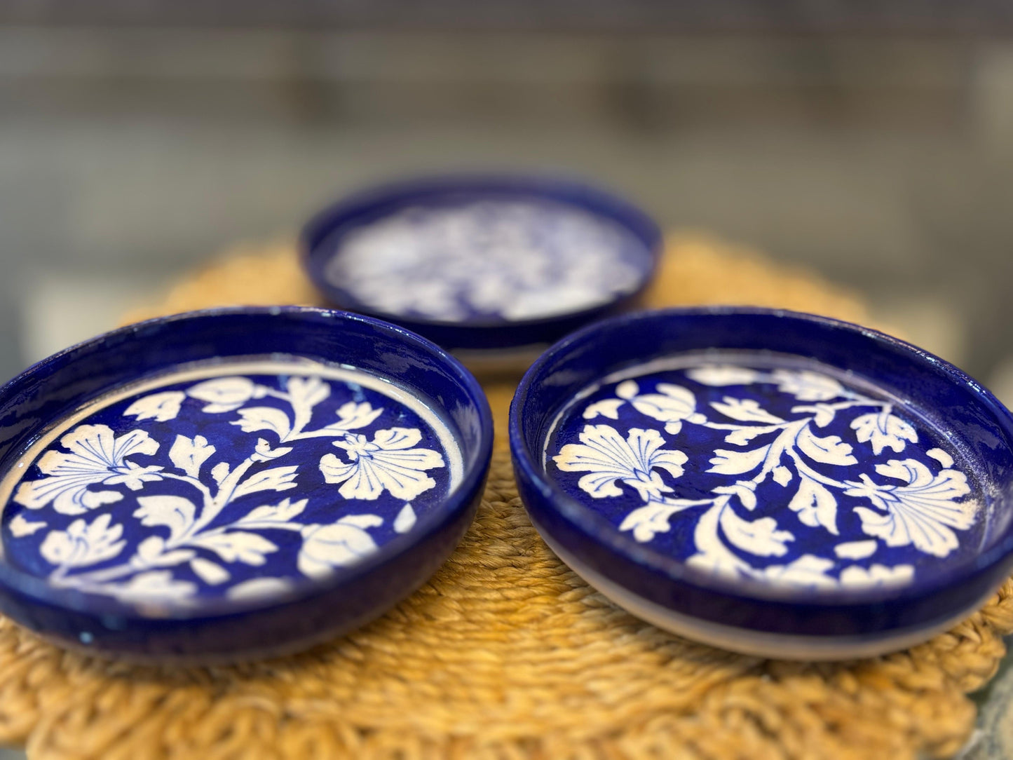 Handcrafted Blue Pottery Serving Plates – Floral Design (Set of 3)