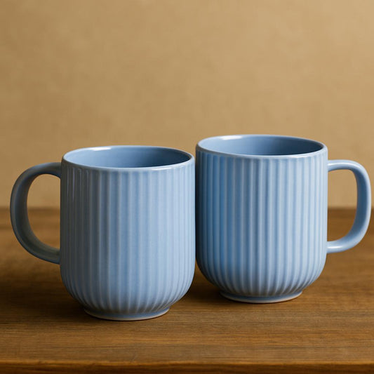 Coffee Mugs – Set of 2 Large Coffee & Tea Cups with Handle (Ribbed Blue)
