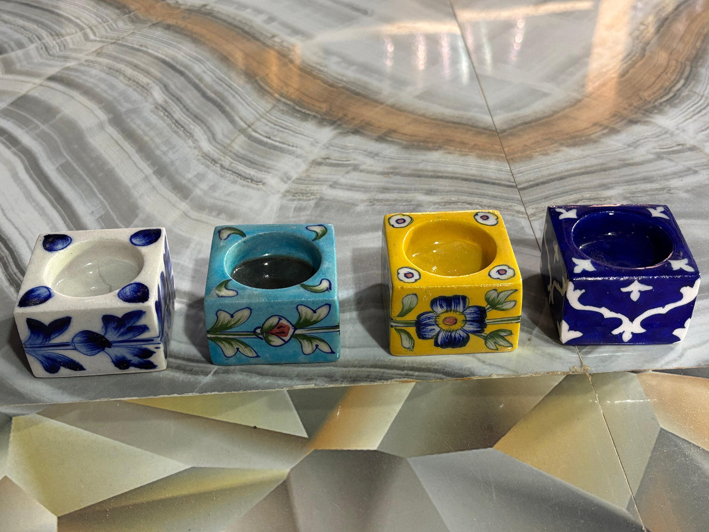Hand-Painted Blue Pottery Tea-Light Candle Holders – Assorted Square Design (Set of 4)