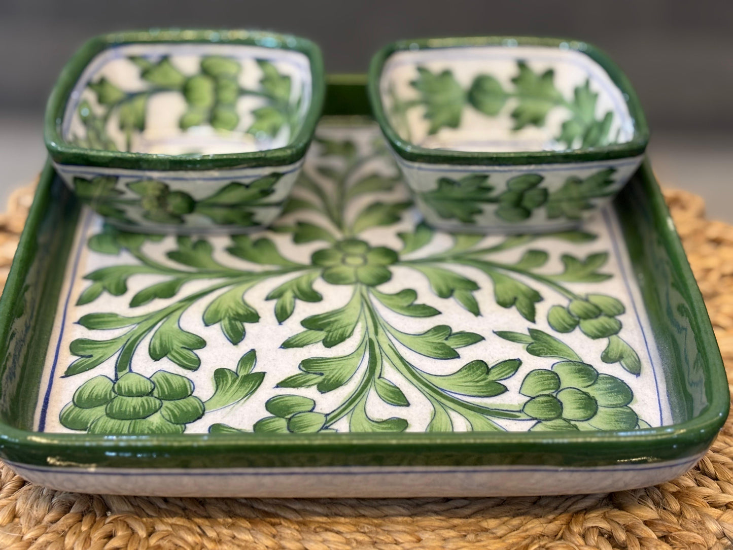 Hand-Painted Blue Pottery Tray & Bowl Set – Leafy Green Design (5-Piece)