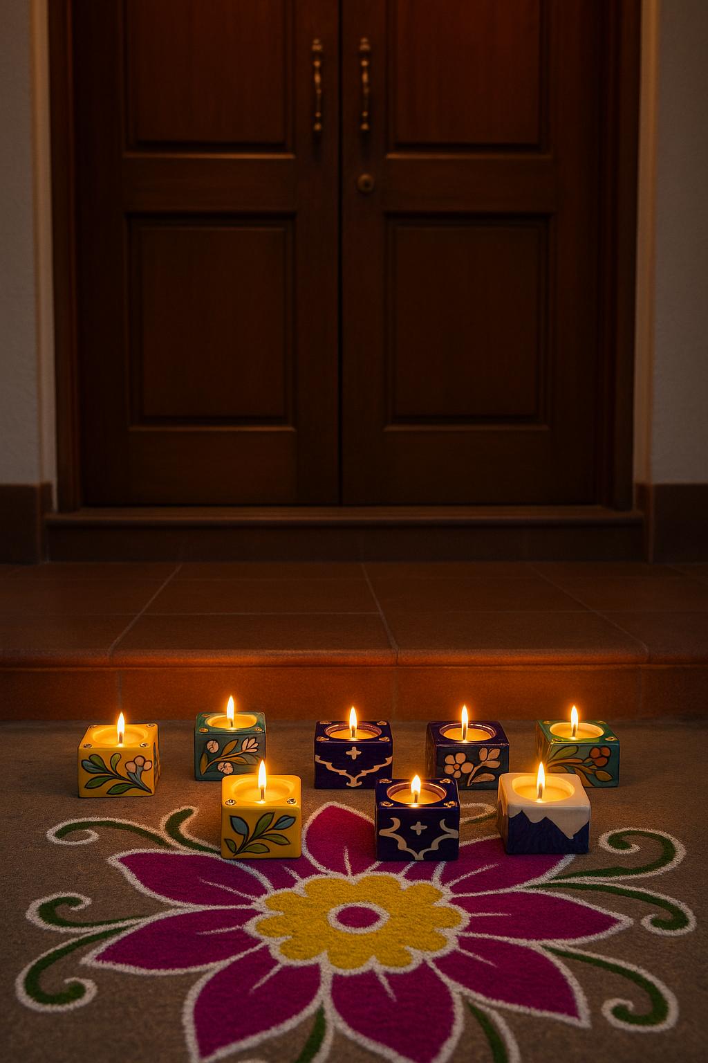 Hand-Painted Blue Pottery Tea-Light Candle Holders – Assorted Square Design (Set of 4)