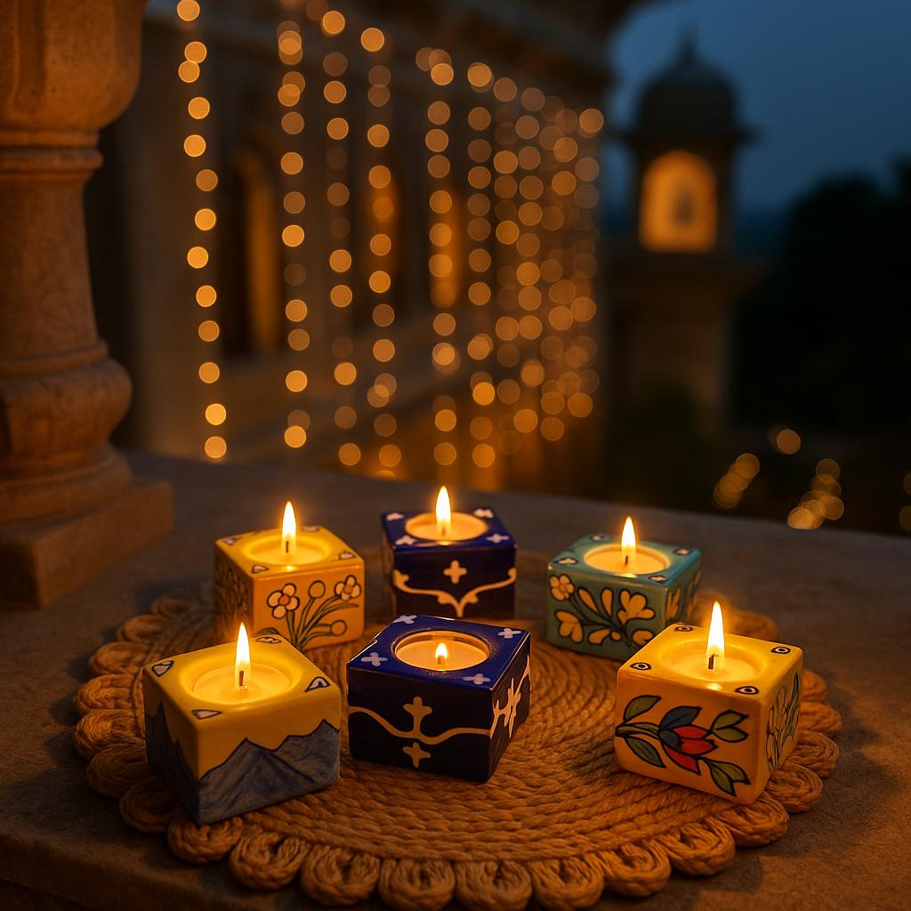 Hand-Painted Blue Pottery Tea-Light Candle Holders – Assorted Square Design (Set of 4)