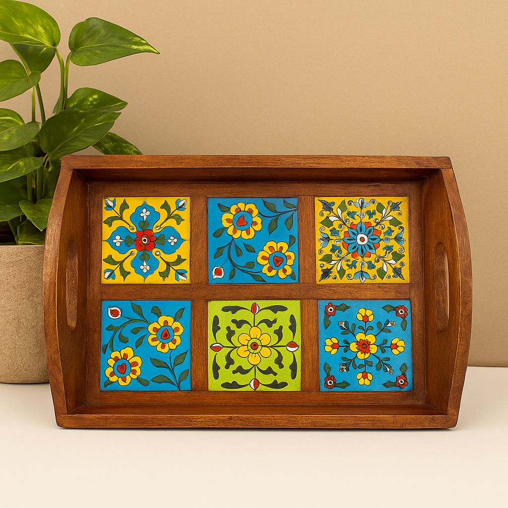 Wooden Tray for Kitchen (6 Tiles, 9 Tiles): Handcrafted Elegance of Blue Pottery
