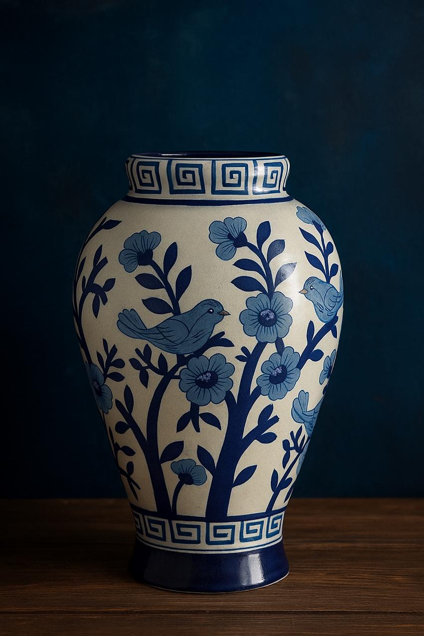 Handcrafted Blue Pottery Flower Vase – Bird & Floral Design
