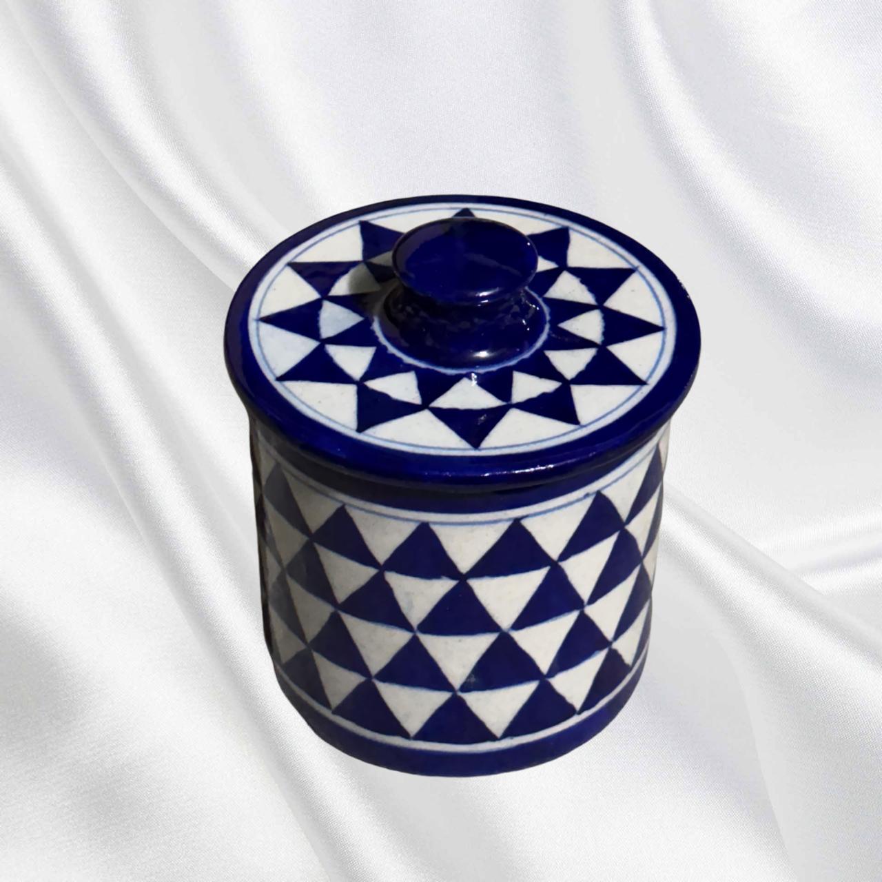 Handcrafted Blue Pottery Jar with Lid – Geometric Design