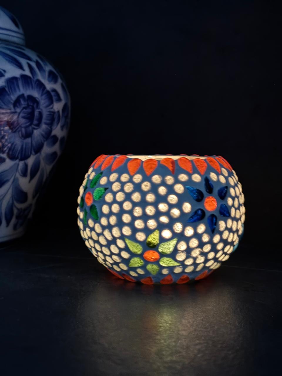 Handcrafted Multicolor Dotwork Tea Light Lantern – Ceramic Votive Holder (Set of 4)