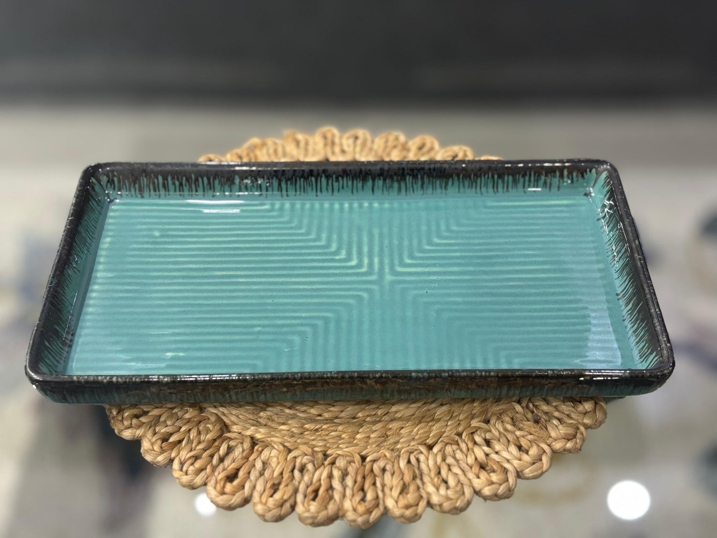 Glossy Olive Green Ceramic Tray – Rectangular Artisan Serveware