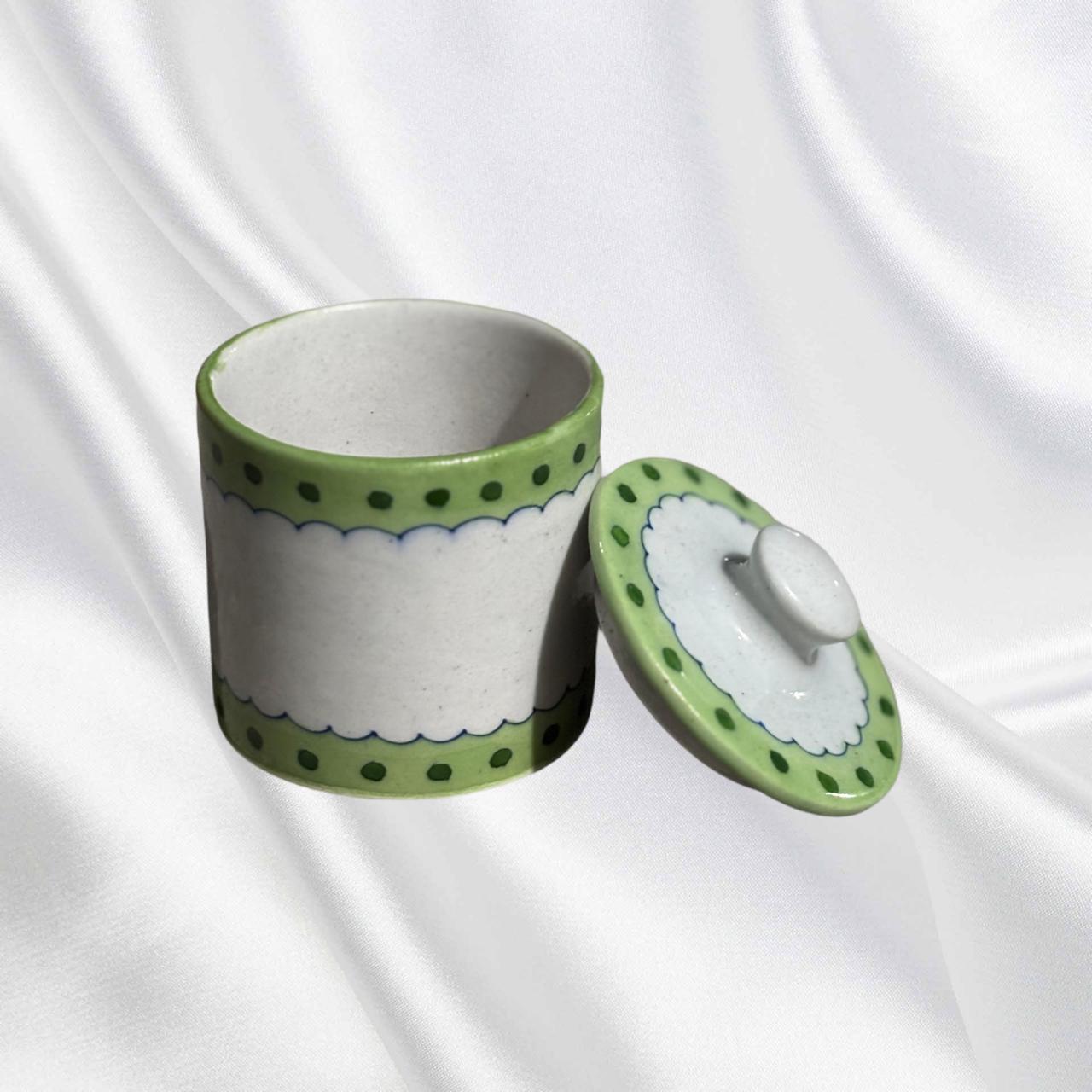 Handcrafted Blue Pottery Jar with Lid – Green Polka Dot & Scallop Design