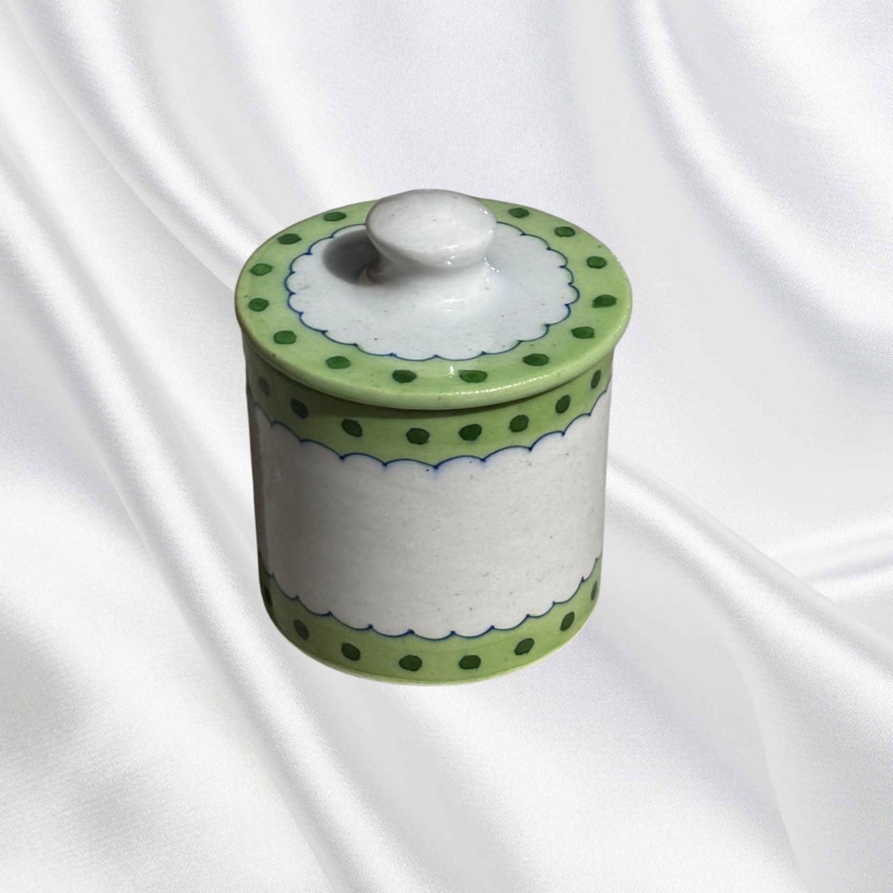 Handcrafted Blue Pottery Jar with Lid – Green Polka Dot & Scallop Design