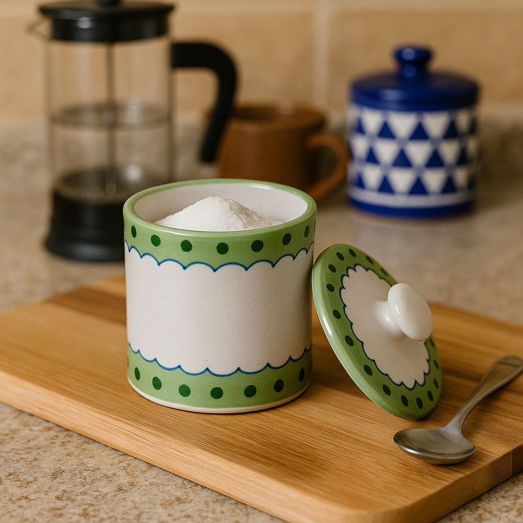 Handcrafted Blue Pottery Jar with Lid – Green Polka Dot & Scallop Design