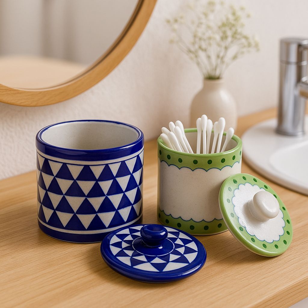 Handcrafted Blue Pottery Jar with Lid – Green Polka Dot & Scallop Design