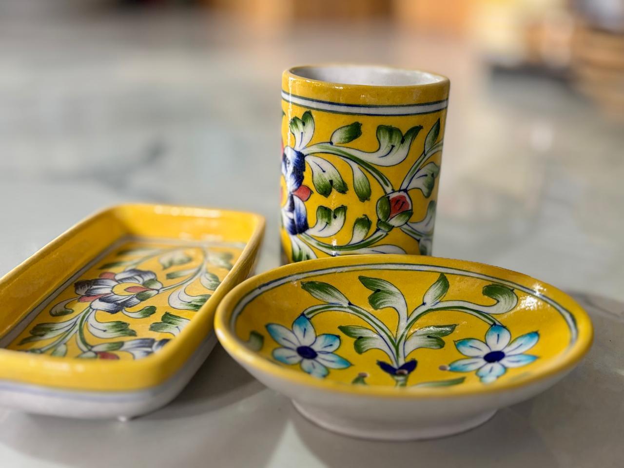 Hand Painted Yellow Pottery Bathroom Set - Mughal garden (Set of 3)