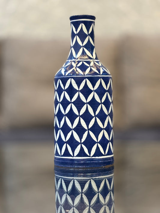 Handcrafted Blue Pottery Decorative Bottle – Geometric Leaf Pattern