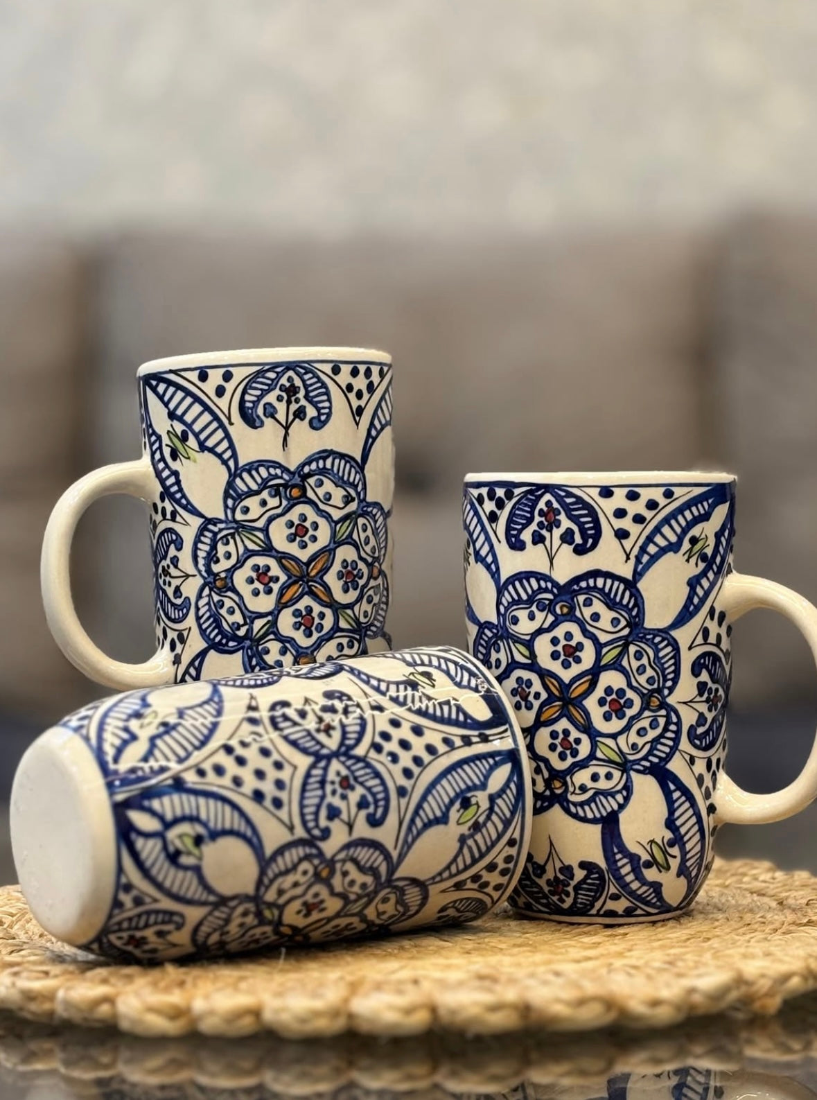Royal Bloom – Handcrafted Blue Pottery Mug Set