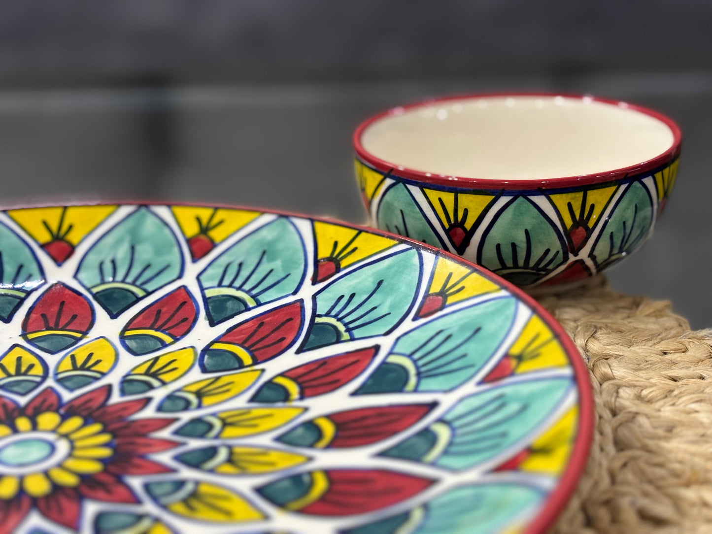 Vibrant Mandala Multicolor Ceramic Dinnerware Set (Set of 2 Plates & Bowls)