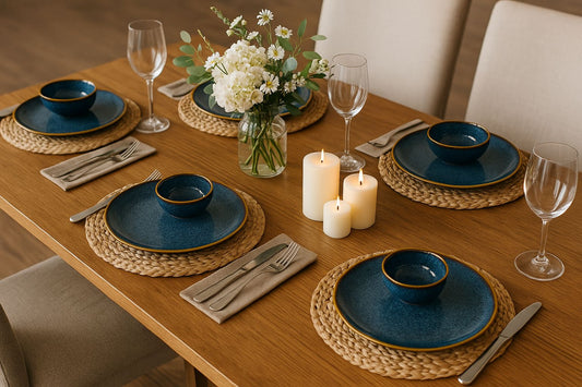 Elegant Blue Ceramic Plate & Bowl Set (6 Pieces)