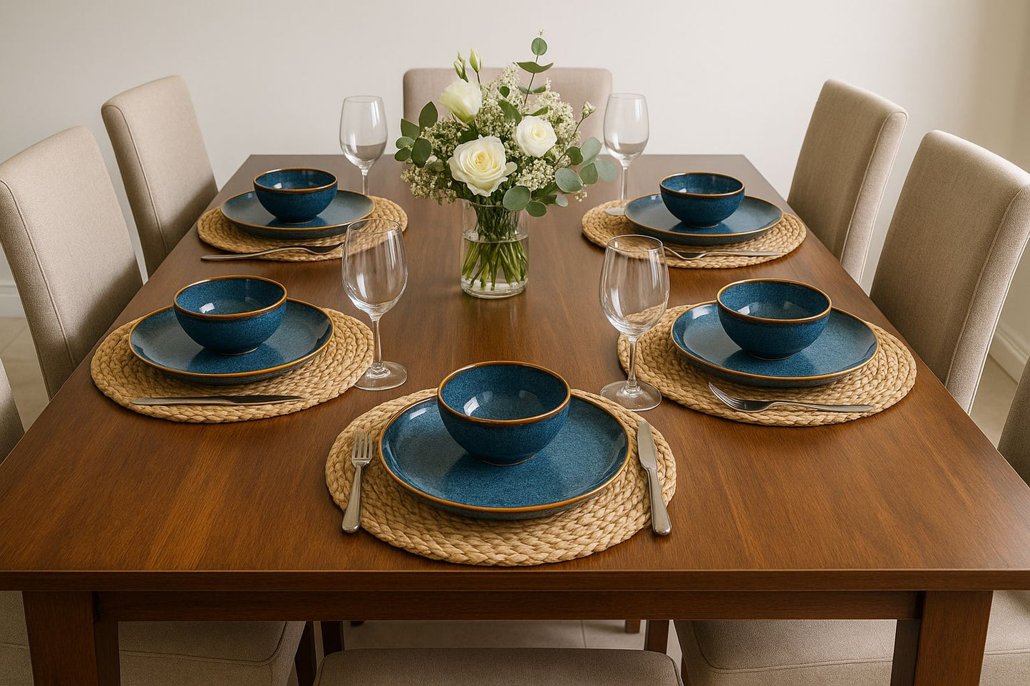 Elegant Blue Ceramic Plate & Bowl Set (6 Pieces)