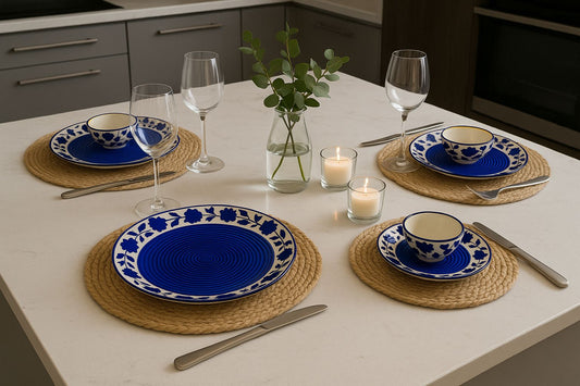 Handcrafted Blue Floral Ceramic Dinnerware Plates & Bowls (Set of 6)