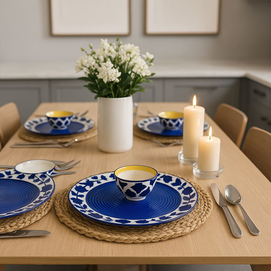 Handcrafted Blue Floral Ceramic Dinnerware Plates & Bowls (Set of 6)