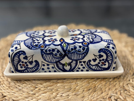 Hand-Painted Blue Pottery Butter Dish with Lid – Floral Design