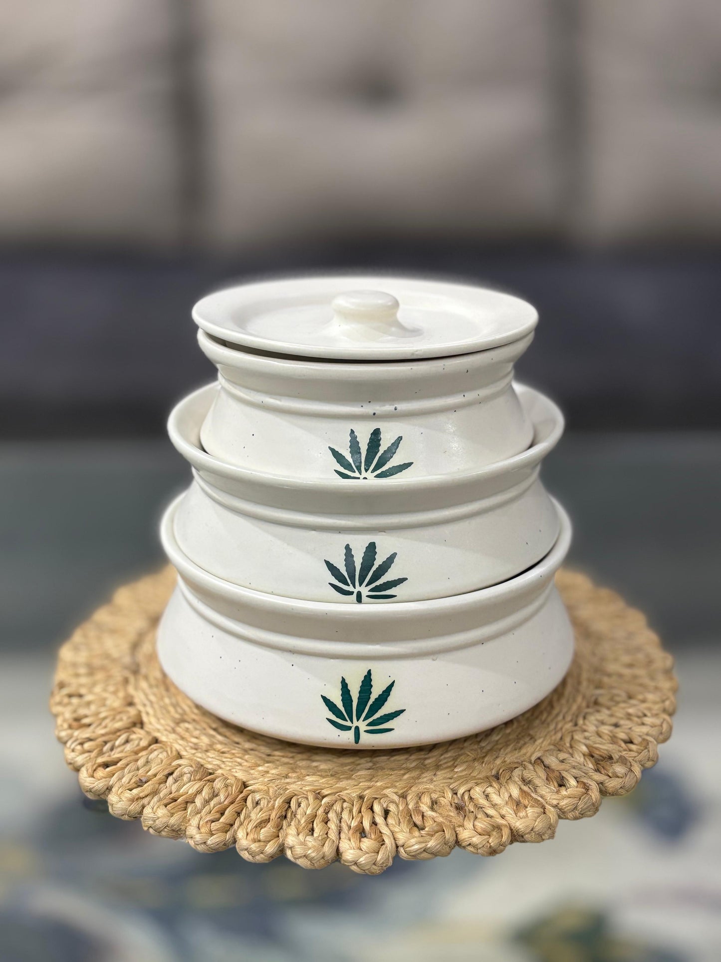 Ceramic Bowl with Lid: Hand-Painted Green Botanical Design