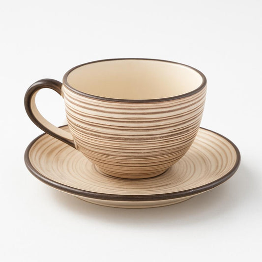Handcrafted Ceramic Cup and Saucer Set – Natural Woodgrain Design